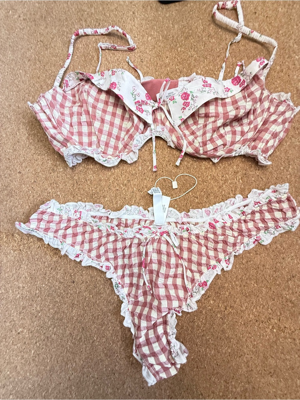Free People Pink Gingham Floral Lace Lingerie Set